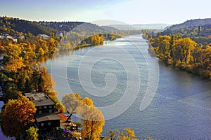 Autumn on the Vitava river. Prague, Czech Republic. Sunset views from VVysehrad hill