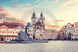 Prague, Czech Republic old town with Jan Hus Memorial and Tyn Church