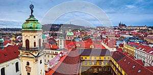 Prague, Czech Republic - Panoramic view of Prague with the tower of the baroque library Klementinum, the famous Charles Bridge