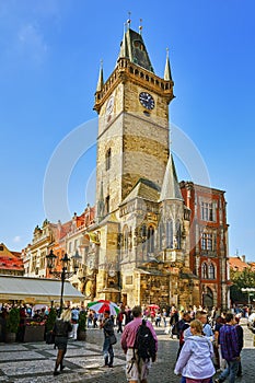 PRAGUE,CZECH REPUBLIC- SEPTEMBER 12, 2015:Astronomical Clock(Staromestske namesti)on historic square in the Old Town quarter of P