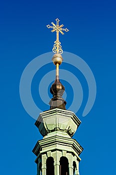 Prague, Czech republic - September 19, 2020. Golden details of the tops of Brevnov Monastery photo
