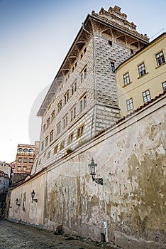 Prague, Czech republic - September 20, 2020. Ke Hradu street - Schwarzenberg palace - without tourist during pandemic situation in photo