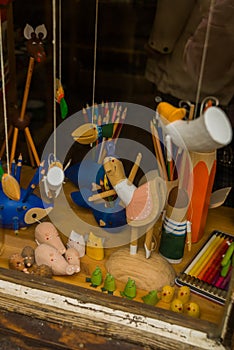 Prague, Czech Republic: Souvenirs for tourists: pencils toys and dolls. Goods for school on supermarket shelves in Prague