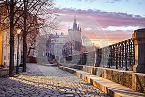 Prague, Czech Republic. Sunrise. View at Charles Bridge Tower