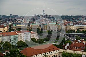 Prague, Czech Republic: Top view to red roofs skyline of Prague city, Czech Republic. Aerial view of Prague city with terracotta