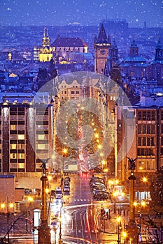 Prague Czech Republic. View at nighttime winter town