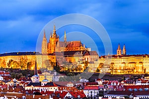 Prague, Czech republic: View of the Prague Castle in the evening, from the Old Town Bridge Tower