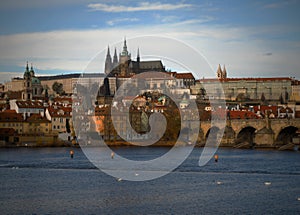 Prague, Czech Republic Vltava river on one side of the river in autumn