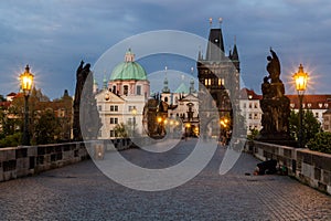 PRAGUE, CZECHIA - APRIL 27, 2020: Evening at the Charles Bridge in Prague, Czech Republ