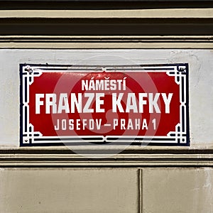 Street sign of Franz Kafka street in Prague, red sign with white writing