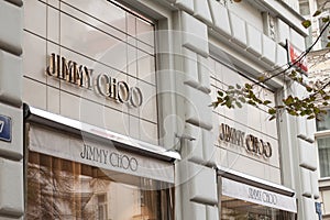 Jimmy Choo logo in front of their boutique in Prague..