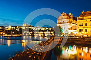 Prague durin sunset with castle and Charles Bridge, Czech Republic