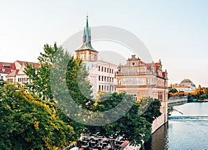 Prague, Evening view over Vltava river bank.