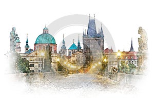 Prague - famous landmark Charles Bridge, watercolor artwork