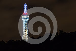 Prague Lookout Tower (also called small Eiffel Tower) on Petrin hill with the night illumination