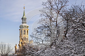 Prague Loreta Belltower among snowy trees