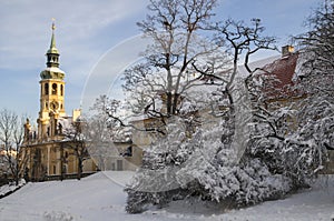 Prague Loreta covered with snow in wintertime