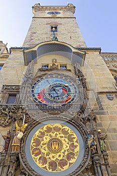 Prague medieval astronomical clock Orloj on Old Town Hall tower, Prague, Czech republic