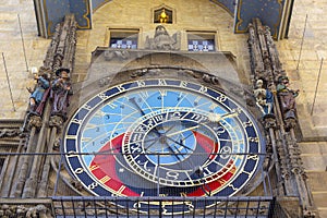 Prague medieval astronomical clock Orloj on Old Town Hall tower, Prague, Czech republic