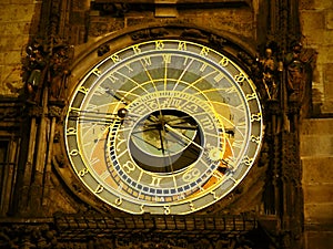 Prague night ,the astronomical clock face and the calendar board below the astronomical clock dominate. On the astronomical dial