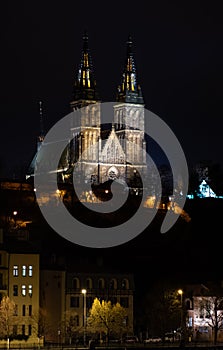 Prague at night, Basilica of Saints Peter and Paul in Vysehrad, cityscape