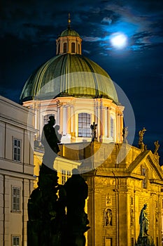 Prague at night, detail of St. Francis Of Assisi Church