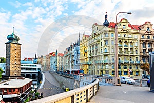 Prague old buildings, view from Jirasek Bridge near the Dancing