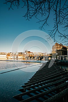 Prague in the Old Town. Czech Republic . Charles Bridge over Vltava river. View of Prague