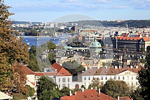 Prague Old Town with red roofs and Vltava river, Czech Republic.