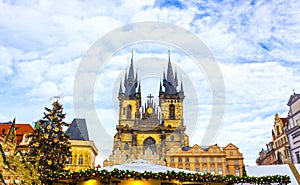 Prague Old Town Square and Church of Mother of God before Tyn in Prague, Czech Republic.