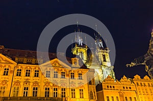 Prague Old Town Square and Church of Mother of God before Tyn in Prague, Czech Republic.