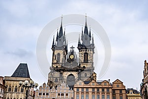 Prague Old Town Square and Church of Mother of God before Tyn in Prague, Czech Republic. Architecture and landmark of Prague,