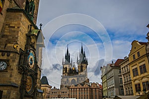 Prague old town square with clock tower on left and Church or our Lady before Tyn in the middle, Czech Republic