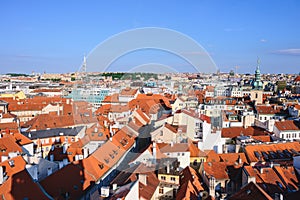 Prague Old Town Square row houses with traditional red roofs in the Czech Republic