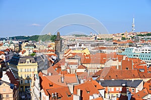 Prague Old Town Square row houses with traditional red roofs in the Czech Republic