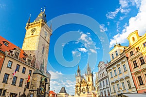 Prague Old Town Square Stare Mesto historical city centre with Astronomical Clock Orloj and Tower of Old Town City Hall
