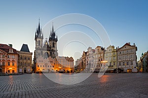 Prague old town square with view of Tyn Church in Czech Republic