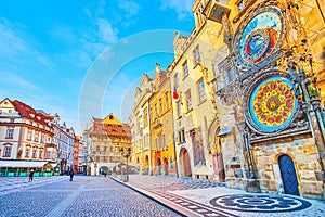 Prague Orloj astronomical clock and House at the Minute, Prague, Czech Republic