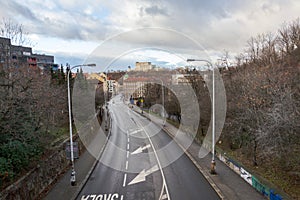 Prague panorama with Jan Zizka equestrian statue in front of National memorial Vitkov, Czech Republic