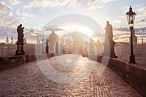 Prague panorama. Sunrise at Charles bridge