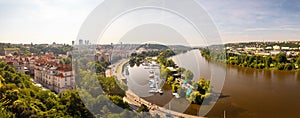 Prague - panorama view of the city landscape with the Vltava River, Podoli Port
