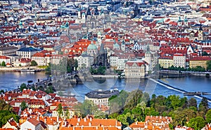 Prague panoramic view, Charles bridge, Czech Republic. River Vltava