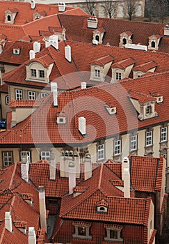 Prague roof tops. Aerial view of old red roofs in prague from top of city hall