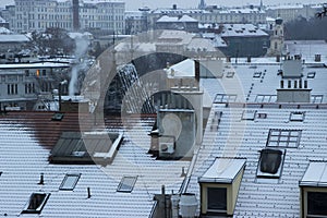 Prague roofs covered with snow