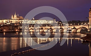 Prague Saint Vitus Cathedral and Charles Bridge at night, Czech