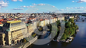 Prague scenic aerial view of the Prague Old Town pier architecture and old buildings over Vltava river in Prague, Czechia. Old