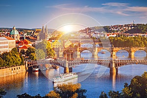 Prague Scenic spring sunset aerial view of the Old Town pier architecture and Charles Bridge over Vltava river in Prague, Czech