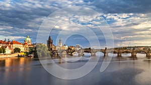 Prague Scenic spring sunset aerial view of the Old Town pier architecture and Charles Bridge over Vltava river in Prague, Czech