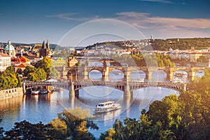 Prague Scenic spring sunset aerial view of the Old Town pier architecture and Charles Bridge over Vltava river in Prague, Czech