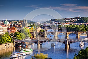 Prague Scenic spring sunset aerial view of the Old Town pier architecture and Charles Bridge over Vltava river in Prague, Czech